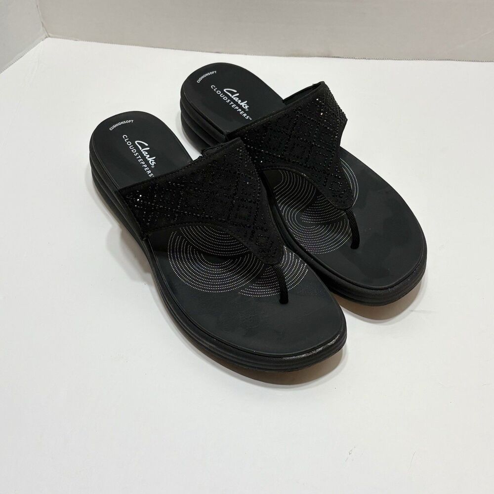 Women’s Clarks Cloudsteppers Drift Way Black Rhinestone Flip Flop Sandals, 11